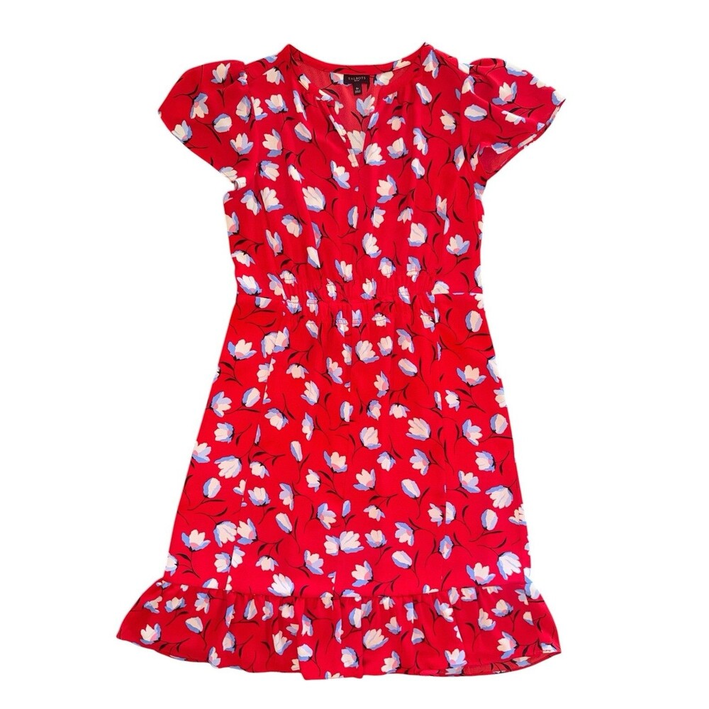 Talbots Classic Red Floral Flutter Sleeve Flounce Hem Dress Women’s Size 6P EUC - Picture 6 of 16